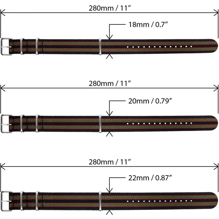 CampTeck Nylon Replacement Military NATO Watch Strap (widths 18|20|22|24mm) with Stainless Steel Pin Buckle for Spring Bar Watches