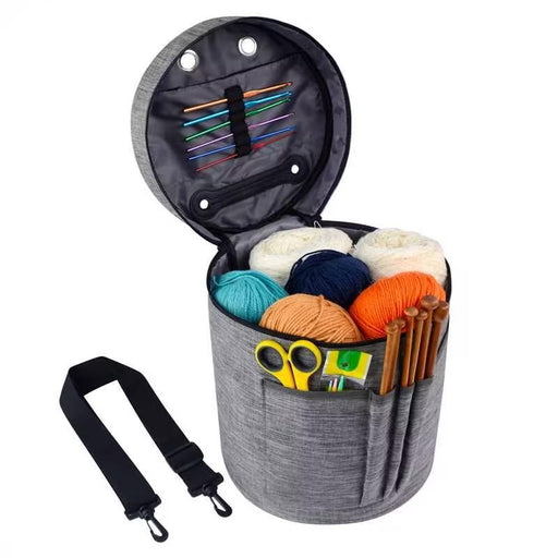 iGadgitz Home U7267 Polyester Round Knitting Bag, Round Yarn Storage Bag, Portable Crochet Bag with Shoulder Strap - Grey