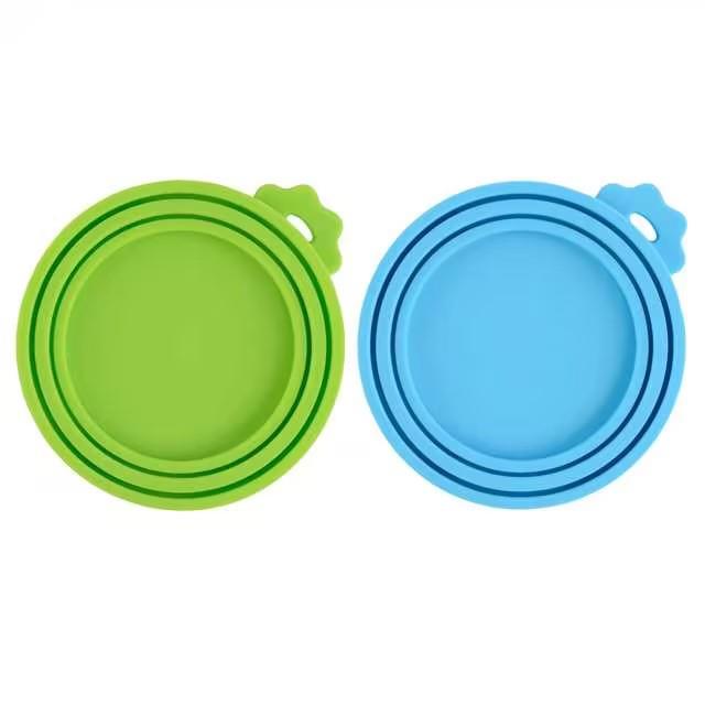 igadgitz home U7245 Food Grade Reusable Silicone 3 in 1 Sizes Pet Food Can Lids Covers, Dog Can Lids, Cat Tin Lids - Pack of 2 - Blue and Green