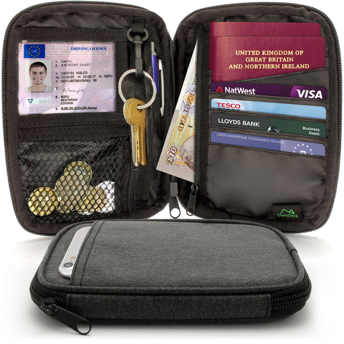 CampTeck Small Travel Wallet Passport Holder & RFID Faraday Signal Blocking Organiser Pouch for Cards, IDs,  Money, Ticket, Key, Smartphone etc.