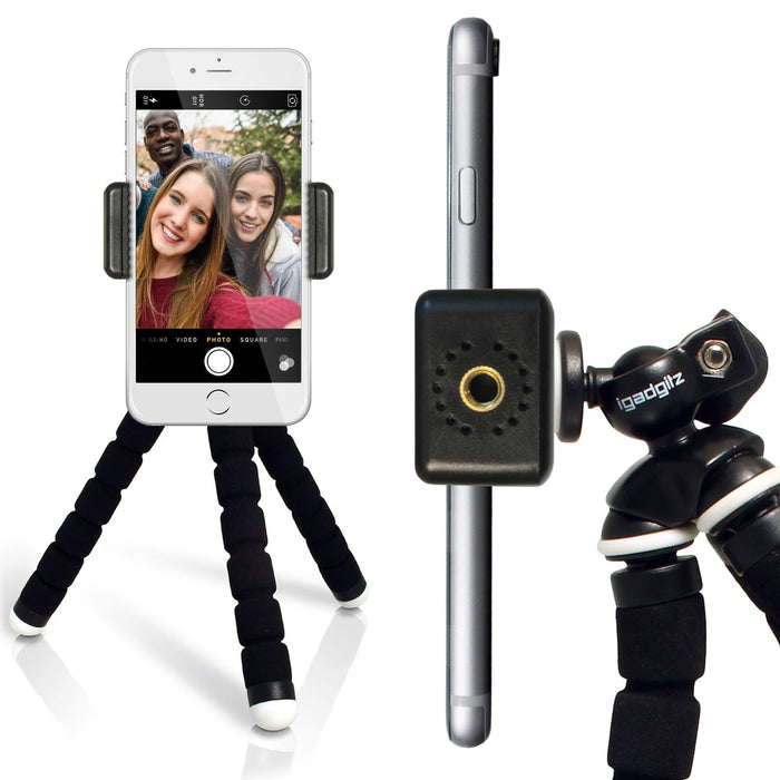 iGadgitz Lightweight Small Universal Flexible Foam Mini Tripod + Smartphone Holder Adapter for Compact Cameras - Black