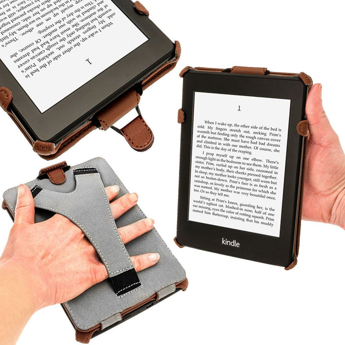 iGadgitz Brown PU 'Heat Molded' Leather Case for Amazon Kindle Paperwhite 2015 2014 2013 2012 + Sleep/Wake & Hand Strap