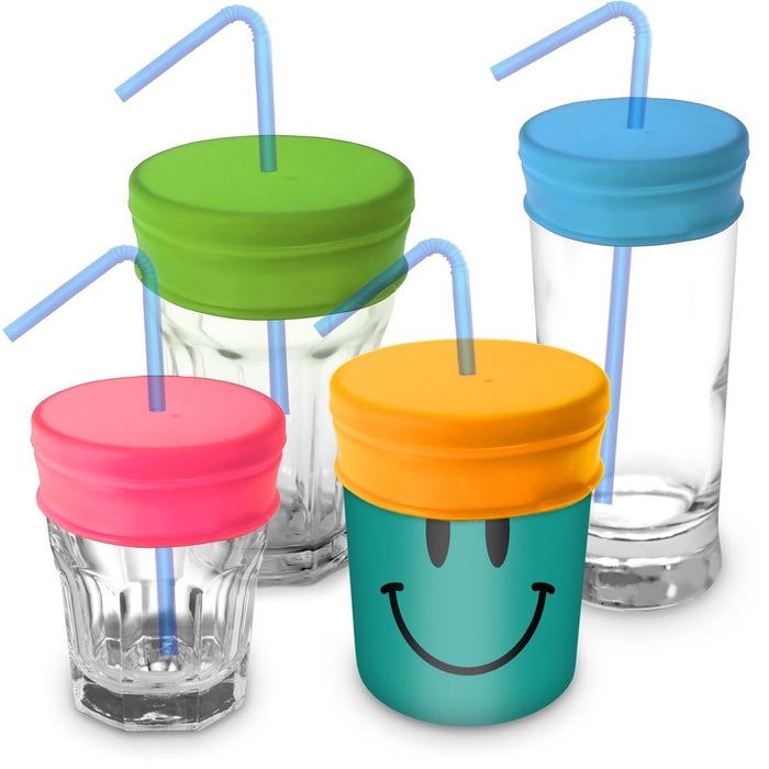 iGadgitz Home Reusable 100% Food Grade BPA Free Soft Silicone Spill-Proof Straw Lids – 4 Pack (Pink Yellow Green Blue)