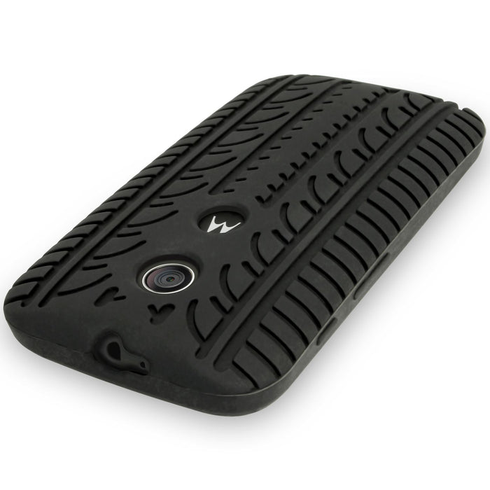 iGadgitz Black Tyre Rubber Silicone Gel Skin Case Cover for Motorola Moto E XT1021 + Screen Protector