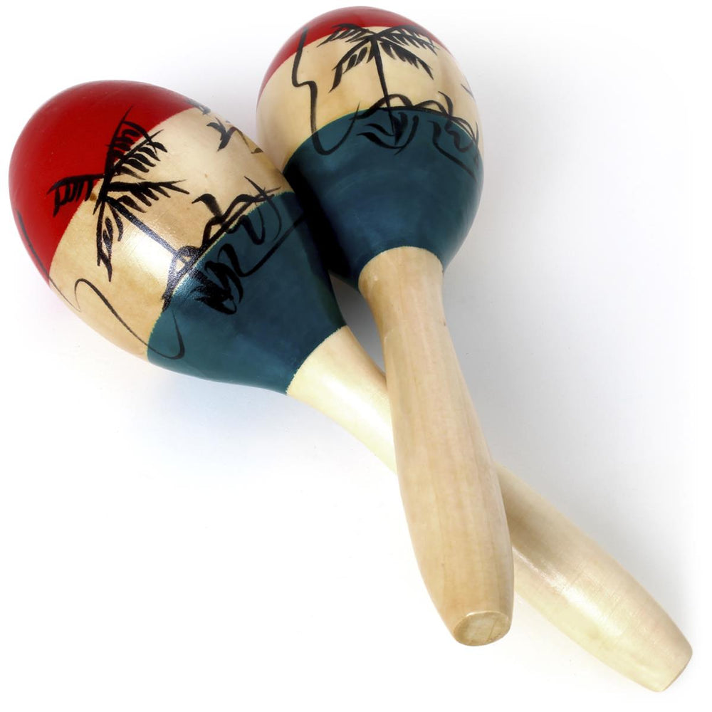 iGadgitz Xtra U7130 Pair of Adult Full Size Painted Elm Wood Maracas - Wood Colour, Green, Red and Black Motif
