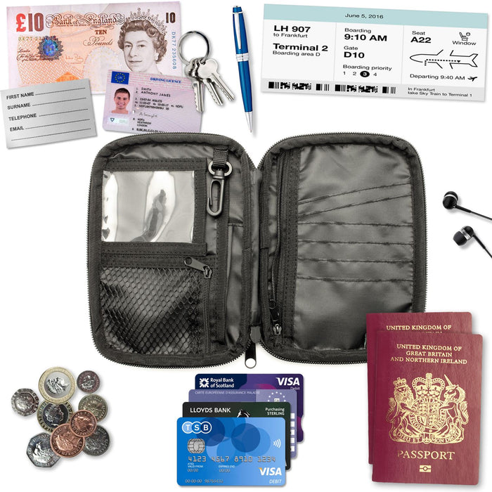 CampTeck Small Travel Wallet Passport Holder & RFID Faraday Signal Blocking Organiser Pouch for Cards, IDs,  Money, Ticket, Key, Smartphone etc.