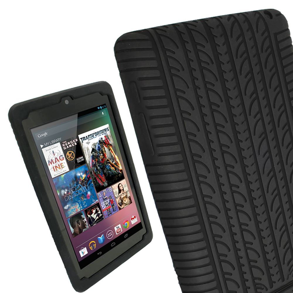 iGadgitz Black Silicone Skin Case with Tyre Tread Design for Google Nexus 7 (1st Gen released Jul 12) + Screen Protector