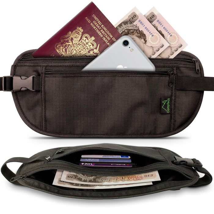 CampTeck RFID Faraday Signal Blocking Hidden Money Belt Travel Pouch Wallet for Cash, Passport, Debit & Credit Cards, Smartphone etc – Black