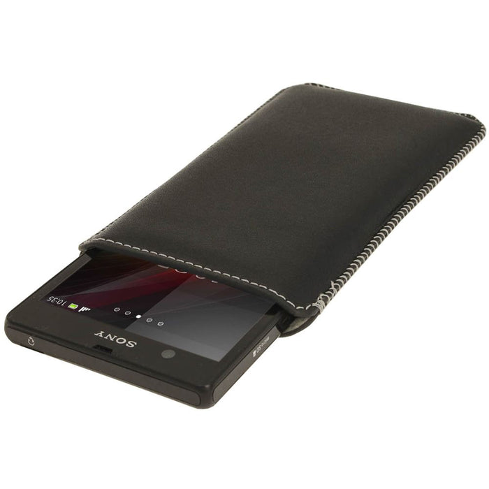 iGadgitz Black Genuine Leather Pouch Case Cover with Elasticated Pull Tab Release System for Sony Xperia Z