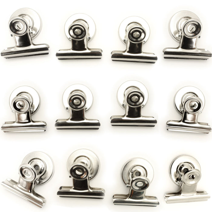 iGadgitz Home U6841 Fridge Magnet Clips (12 Clips) Magnetic Bulldog Clips for Memos, Photos, Coupons, Tickets - Silver