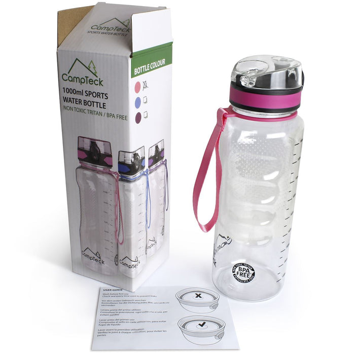 CampTeck 1 litre water bottle (1000ml - 34 fl. oz.) Sports Drinks Bottle BPA Free Tritan - Leak Proof Flip Lock Lid - with Carry Strap