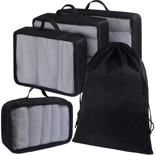CampTeck 5 Pieces Packing 4 Cubes Set Travel Luggage Organizer Zip Bag + 1 Laundry Pouch – Black (S, M, L, XL)
