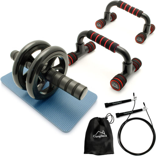 CampTeck  Push Up Bars Stand, 10ft Speed Skipping Rope & Ab Roller Wheel Abdominal for Strength & Abdominal Training
