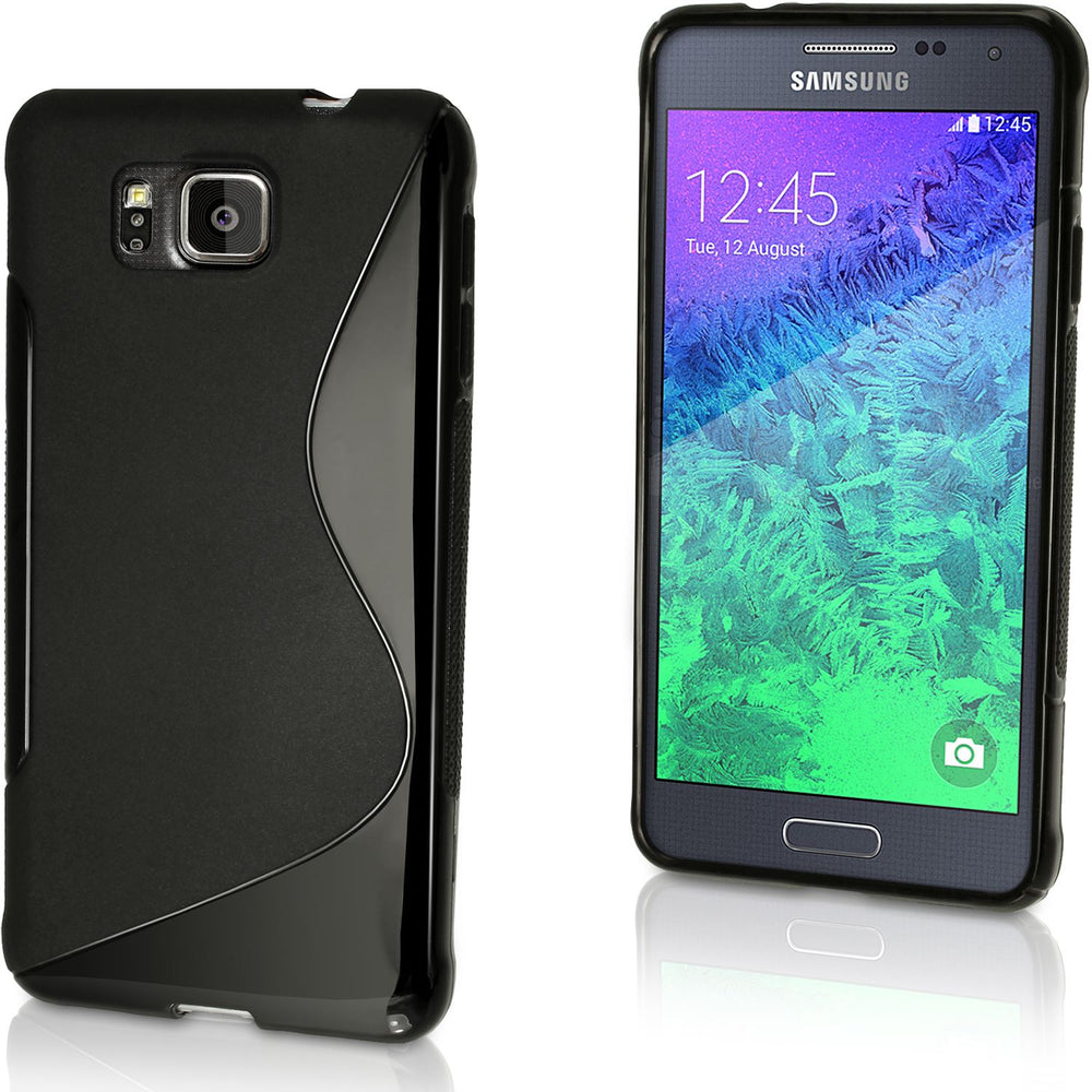 iGadgitz S Line Wave Black Glossy TPU Gel Skin Case Cover for Samsung Galaxy Alpha SM-G850 + Screen Protector