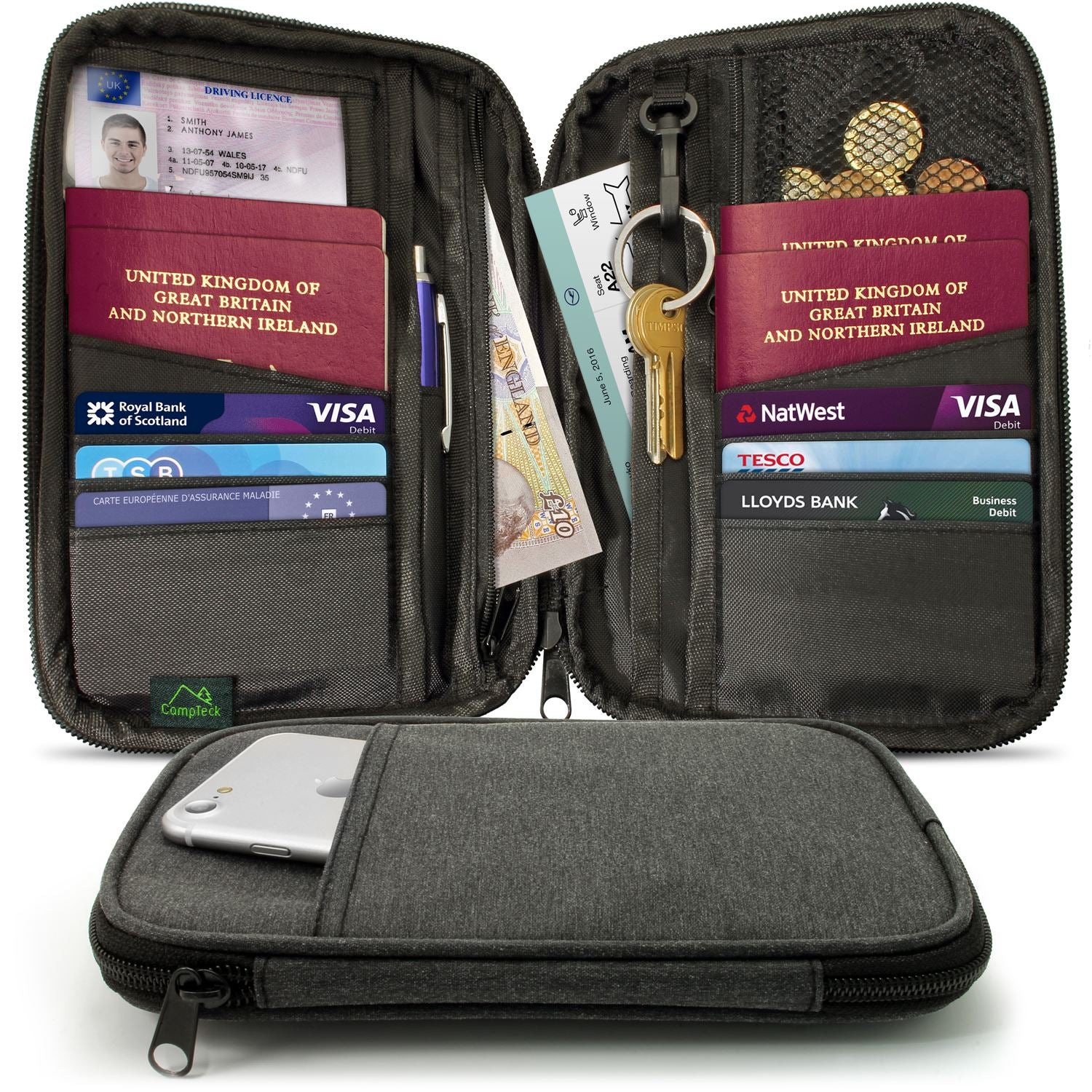 CampTeck Travel Wallet Passport Holder & RFID Faraday Signal Blocking Organiser for Cards, IDs, Documents, Money, Ticket, Key, Smartphone