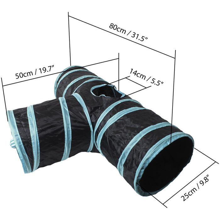 iGadgitz Home U6979 - 3 Way Cat Tunnel Collapsible Pet Tunnel Interactive Rabbit Tunnel with Hanging Ball - Indoor/Outdoor - Black/Blue Trim