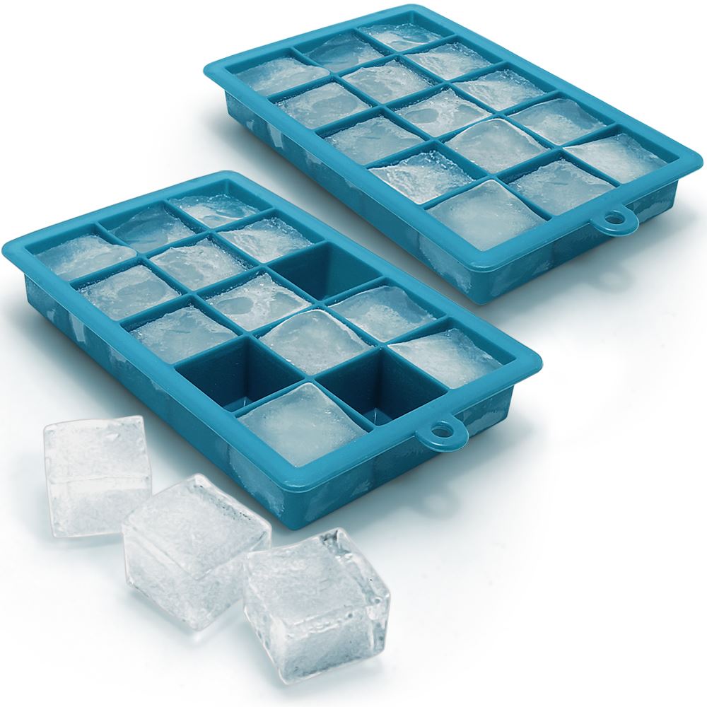 iGadgitz Home Silicone Ice Cube Tray 15 Square Food Grade Ice Cube Moulds – Pack of 2