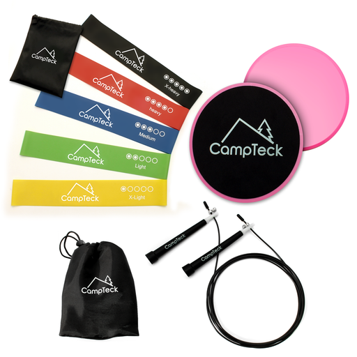 CampTeck 2x Pink Dual Sided Gliding Discs Core Sliders, 10ft Speed Skipping Rope & 4x Latex Resistance Loop Bands